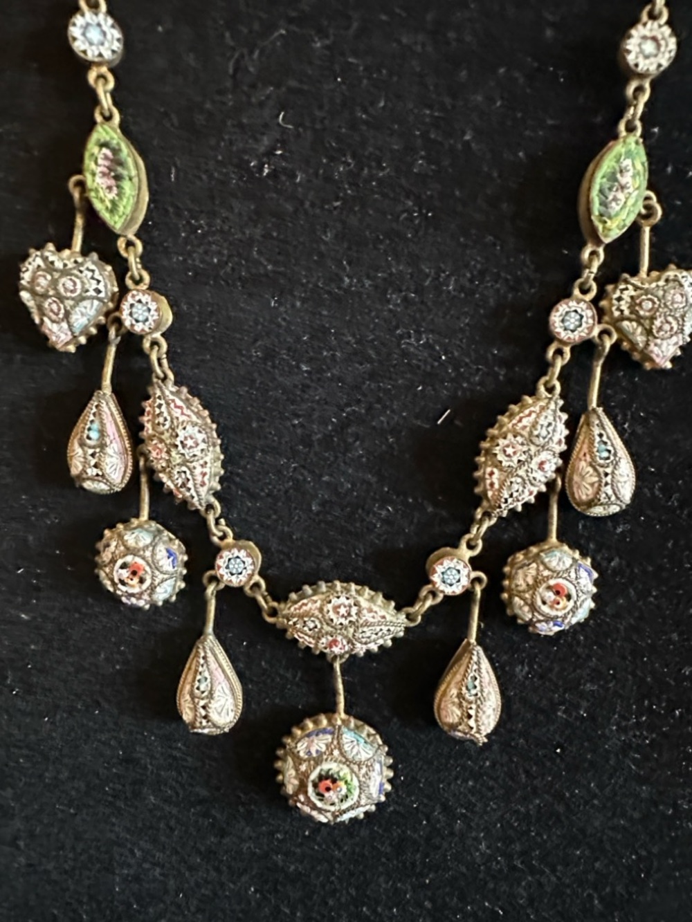 Antique Italian Micromosaic Necklace • Floral Mosaic Drops • Victorian/Grand - Picture 5 of 10